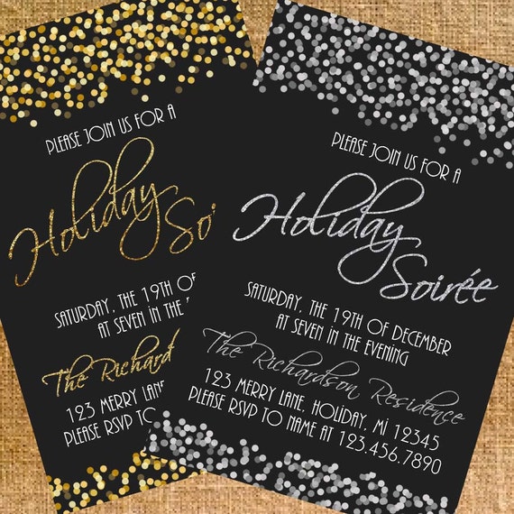 Customized Gold/Silver Glitter Holiday/Christmas Party Invite