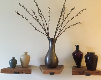 Set of 3 Abstract/ Rustic Reclaimed Wood Wall Shelves With 3 Handmade Steel Brackets