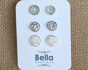 Stud Earring Set, Silver Earring Set, Druzy Earring Set, Druzy Studs, Silver Stud Earrings, Druzy Earring Sets, Druzy Stud Earrings, White