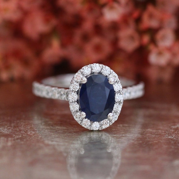 Natural Blue Sapphire Engagement Ring Halo Diamond Ring in 14k