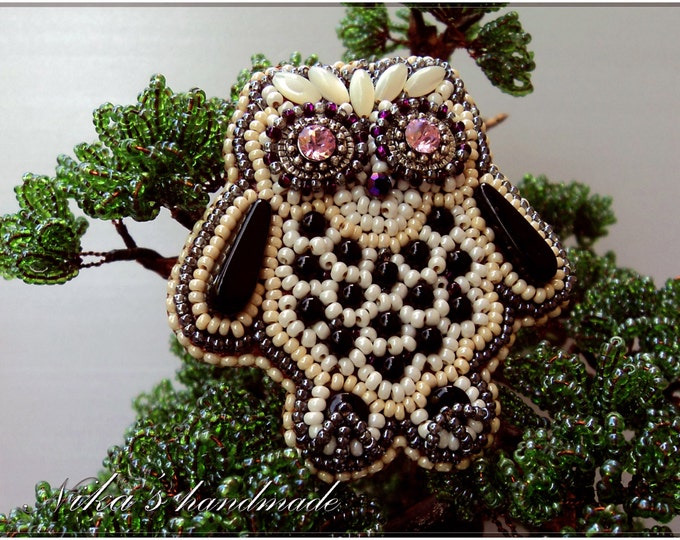 Ready to ship Brooch-pendant Owl made of Czech beads, crystals and rhinestones - unusual jewellery, beaded jewelry