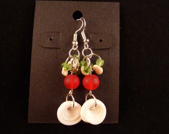 Sea Shell and Cultured Sea Glass Chistmas Earrings