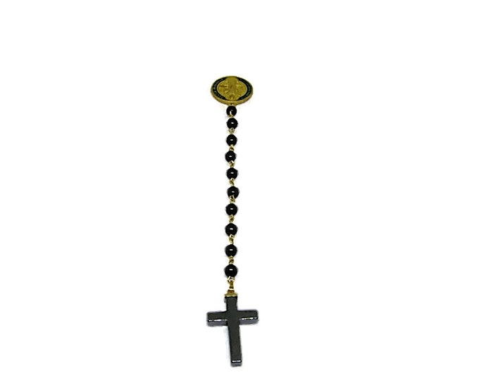 Pocket Rosary Saint Benedict Protection Medal, Classic Black Glass Pearl Single Decade Rosary Beaded in Gold, Mens Rosary, Unisex Rosary