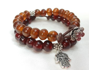 STG flower button amber/red horn bracelet, Hamsa Fatima hand, Koi fish,Om, Lotus, Yin yang, leather strung women's Yoga yogi bracelet, boss
