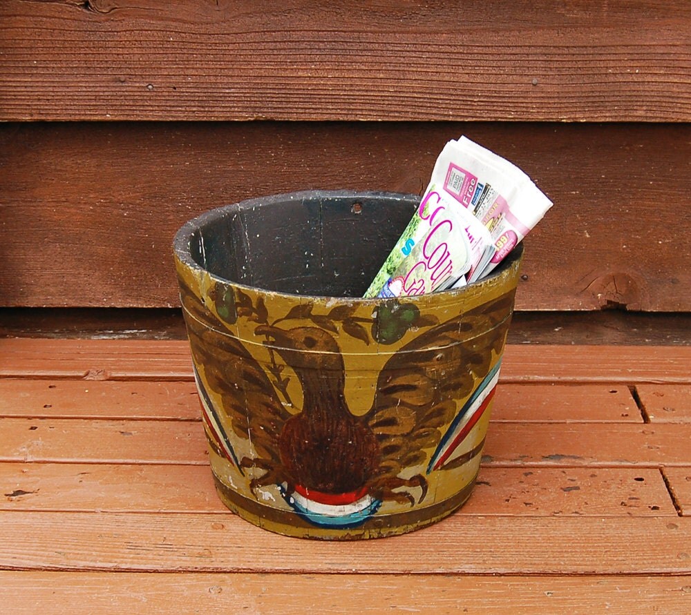 Painted Wood Bucket Vintage Eagle Painted Bucket Folk Art