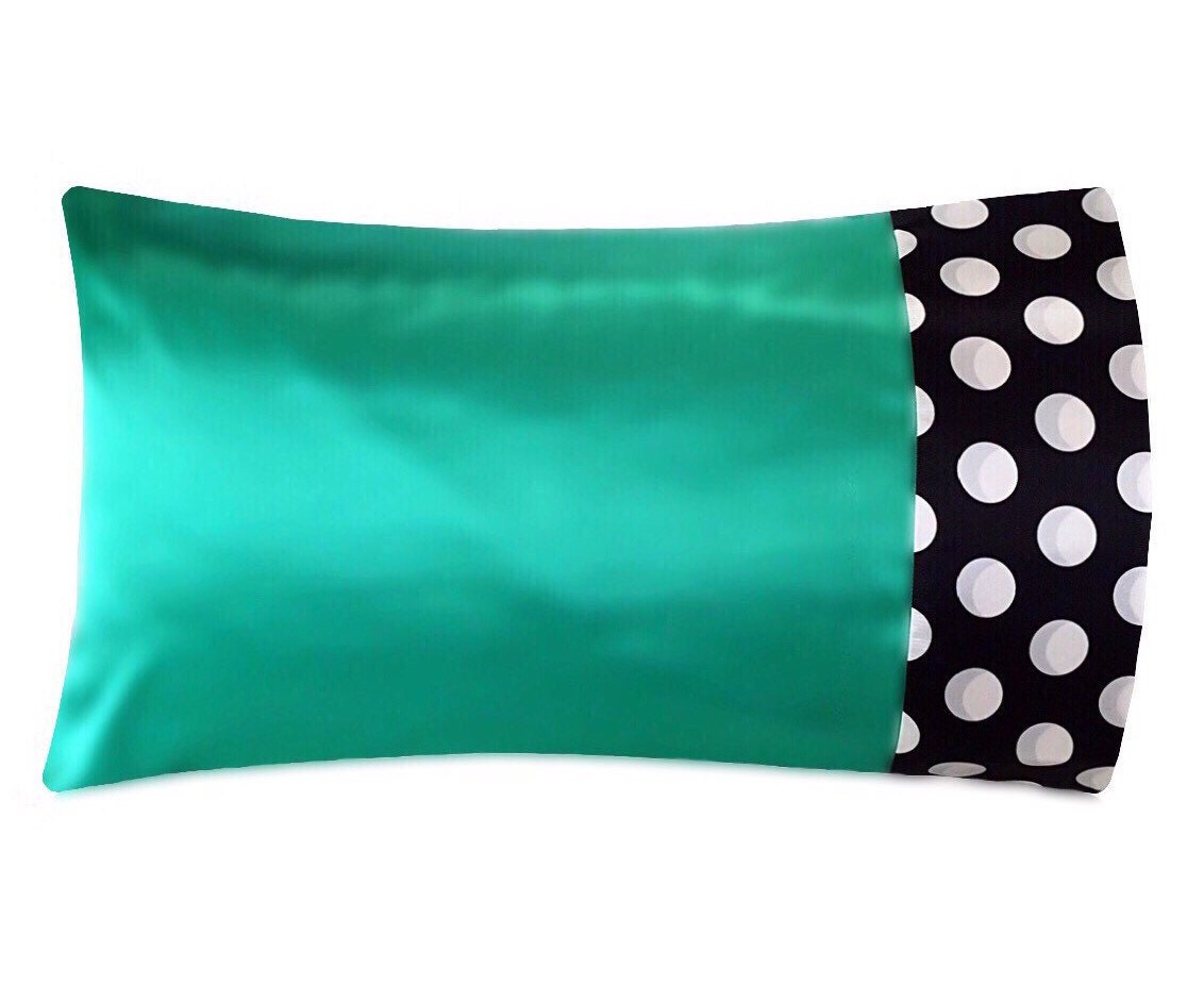 Kelly Green Satin Pillowcase Black White Polka Dot Pillow