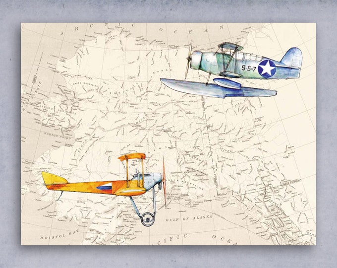 Airplane wall decor Set 9 various prints Military vintage airplanes on old Worlds map decor Retro aviation art Boys nursery wall art
