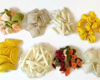 Felt Pasta Set of 8, Felt Food, Play Food, Noodles, Ravioli, Bow Tie, Penne