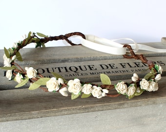 Ivory Floral Crown, Ivory flower crown, floral hair garland, bridal hair vine, flower girl flower crown, Cream boho floral garland