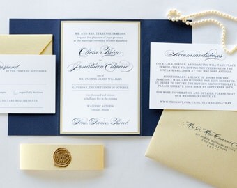 Gold Shimmer, Navy Blue, and Wax Seal Wedding Invitation and RSVP Card Suite - Navy, Gold, Ivory Wedding - The Revel Suite