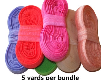 5 yards /bundle Fold Over Elastic ,5/8'' FOE Elastic ribbon DIY material Headband Hair ties Hair band 84 colors Available,U Pick Colors