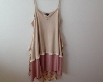 SALE Romantic Boho Tunic Upcycled Clothing Refashioned Shabby Mori Hippie Lagenlook Repurposed Tank Top Tunic. Women's Size Large to XL.