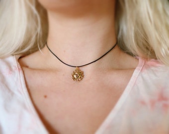 Golden Winking Sun Cotton Choker Necklace, Boho Jewelry, Hippie Necklace, Sun Charm, Adjustable Chokers