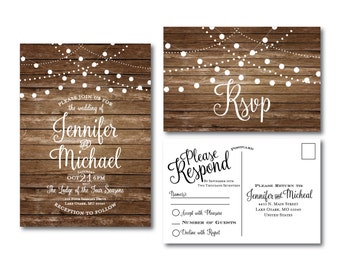 Rustic Wedding Invitation & RSVP Postcard Set, Country Chic, Hanging Lights, Fall Wedding, Rustic Wedding, Printable Wedding Set #CL101