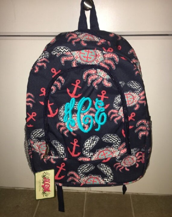 Monogrammed Crab Print School Size Backpack Bookbag