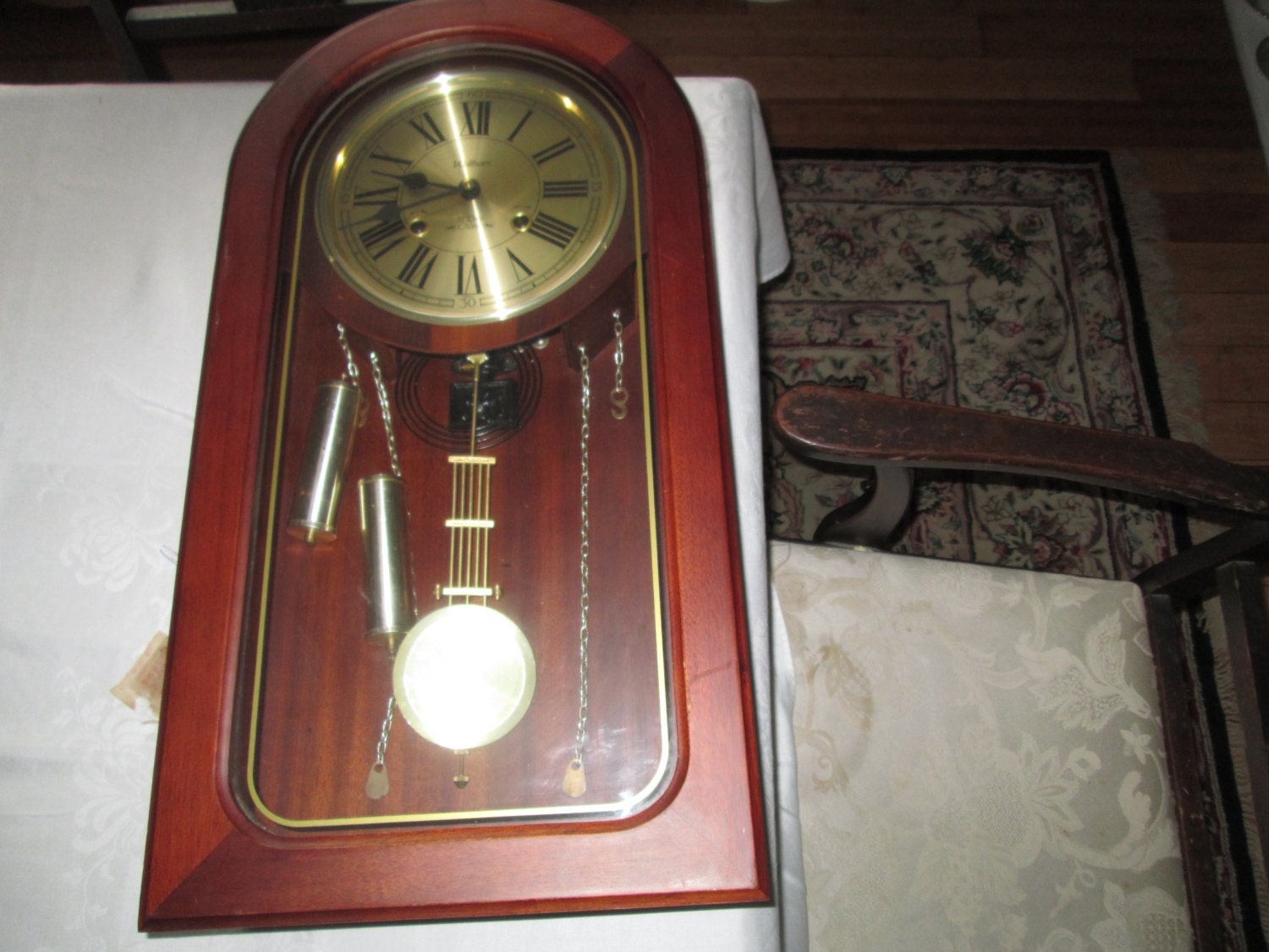 Vintage Waltham 31 Day Chime Wooden Wall Clock with Pendulum