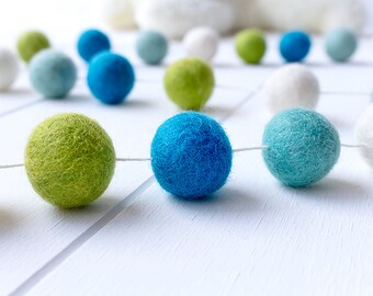 Wool Felt Ball Garland. Pom Pom Garland. Boys Room Decor. Nursery Bunting. Birthday Party Garland. Nursery Decor. Aqua Turquoise Green Cream