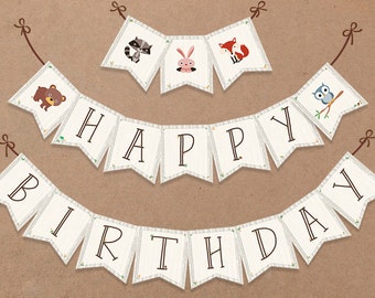 Woodland Birthday Banner, Happy Birthday Banner, Woodland Party Decor, Forest Animals - Printable, INSTANT DOWNLOAD (18 Flags) - BSU001