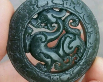 Free Shipping - natural jade dragon pendant, antique jade dragon pendant carved double-sided hollow craft dragons pendant