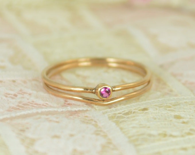 Tiny Ruby Ring Set, Solid Rose Gold Wedding Set, Stacking Ring, Solid 14k Gold Ruby Ring, July Birthstone, Bridal Set, Engagement Rings