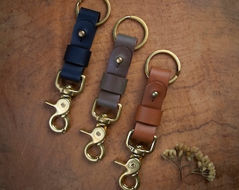 Dark Brown Leather Key Fob BRASS belt loop Key Landyard // Personalize name //Keychain solid brass swivel snap // Tan