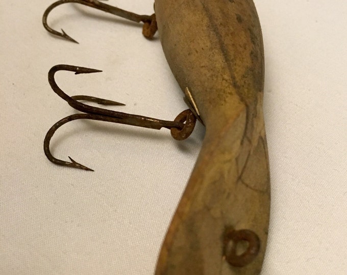 Storewide 25% Off SALE Antique Large Double Hook Primitive Heddon Fishing Lure Featuring Natural Wooden Hand Carved Design