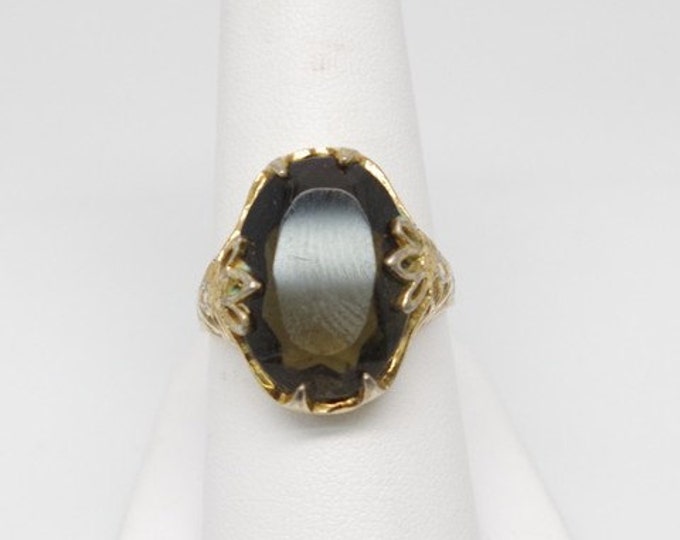 Storewide 25% Off SALE Vintage Gold Tone Faceted Smokey Topaz Designer Cocktail Ring Featuring Overstated Design Style