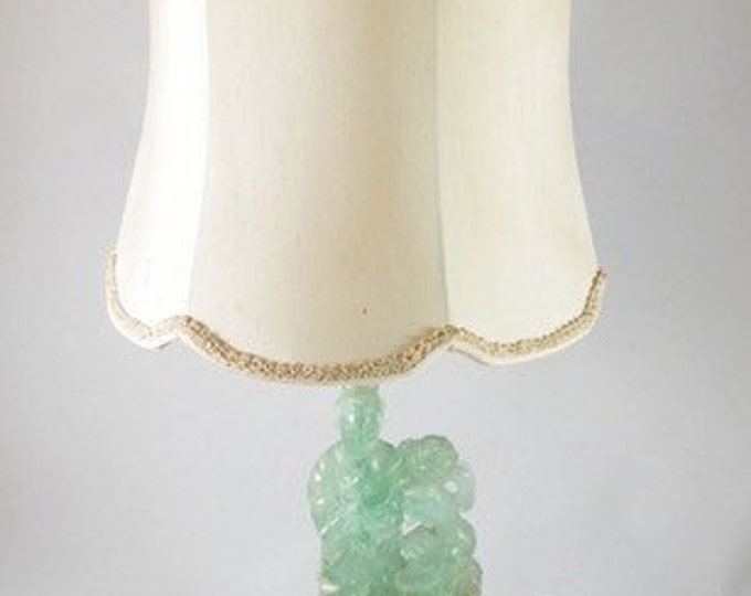 Storewide 25% Off SALE Antique Natural Hand Carved Green Jade Figural Sculpture Table Lamp & Elegant Upholstered Lampshade Featuring Matchin