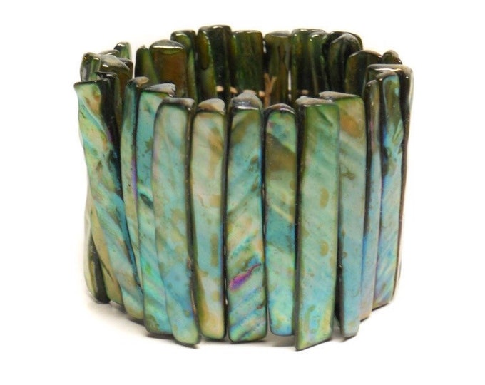 Storewide 25% Off SALE Vintage Expandable Iridescent Abalone Shell Cuff Style Bracelet Featuring Picket Fence Style Segmented Design