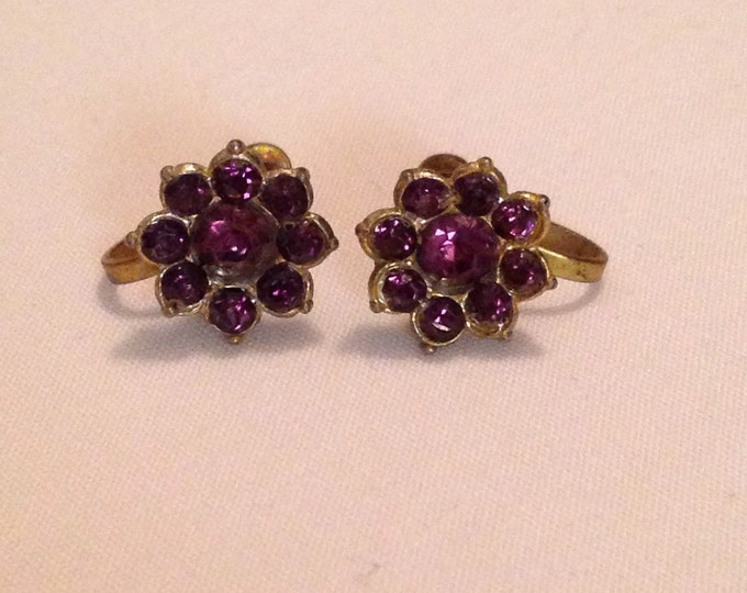 Storewide 25% Off SALE Vintage Gold Tome Amethyst Rhinestone French Post Earrings Featuring Petite Daisy Flower Style Design