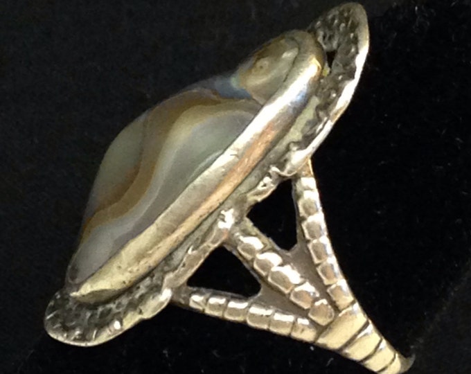 Storewide 25% Off SALE Vintage Sterling Silver Art Nouveau Abalone Designer Cocktail Ring Featuring Elongated Solitare Design