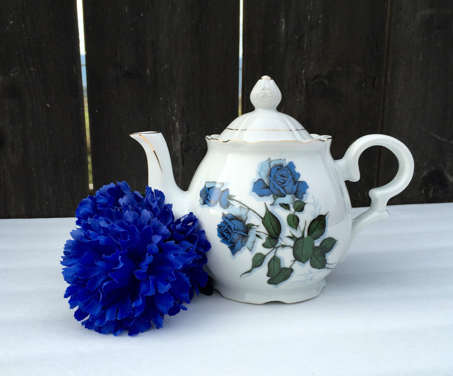 Floral Teapot with Blue Roses White Teapot with Blue Flowers
