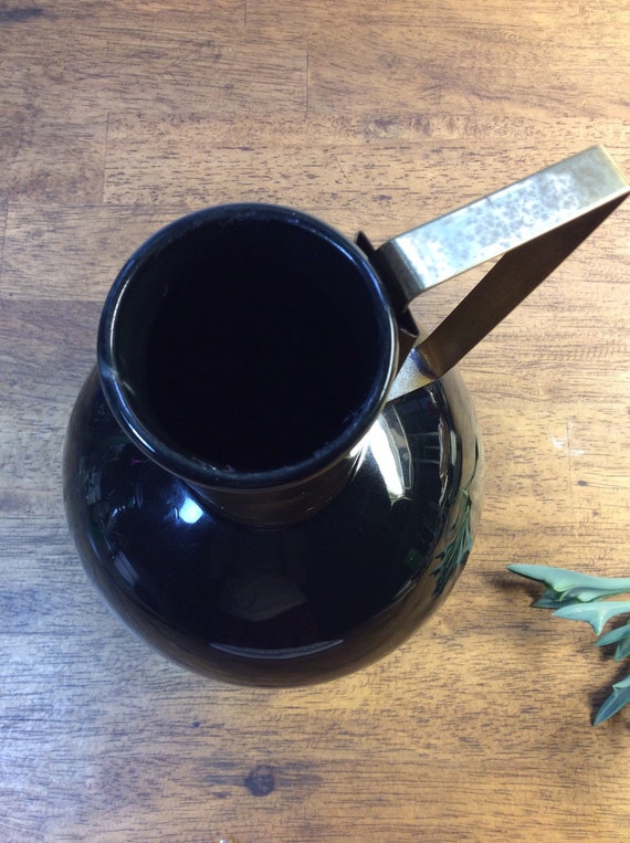 Mid Century Black Ceramic Pitcher Or Decanter With Brass
