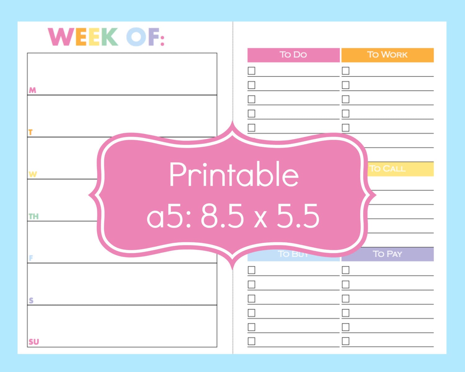 Weekly Planner Printable Half Size Planner 5.5 x 8.5 Planner