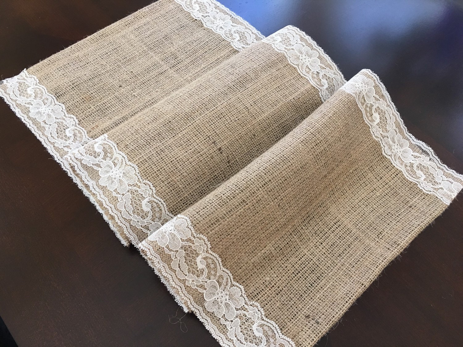 Natural burlap table runner with lace/ 12 by zahrazart on Etsy