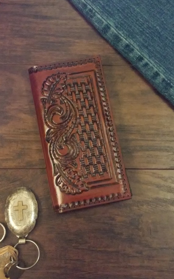 Roper style/Checkbook mens leather wallet hand carved and dyed