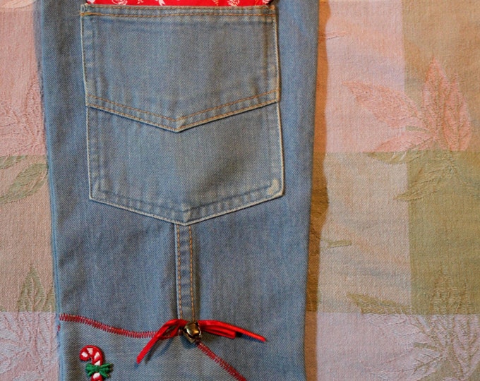 HALF PRICE ** Shabby Country Chic Christmas Stockings made from Upcycled blue jeans and Red Vintage Holiday Print