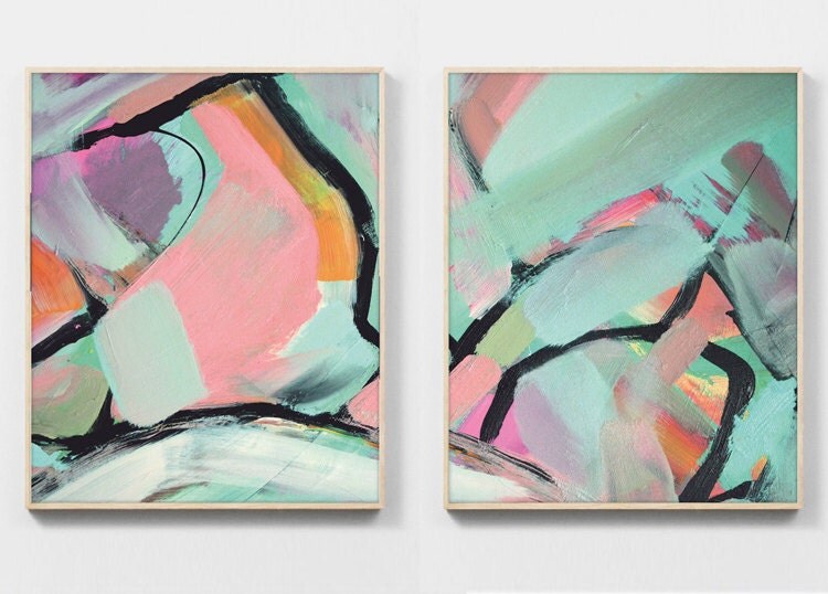 Abstract Art Print Set 2 Mint and Peach Abstracts digital
