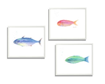 watercolor fish painting print, original watercolor, set of 3 piece wall art, animal painting print
