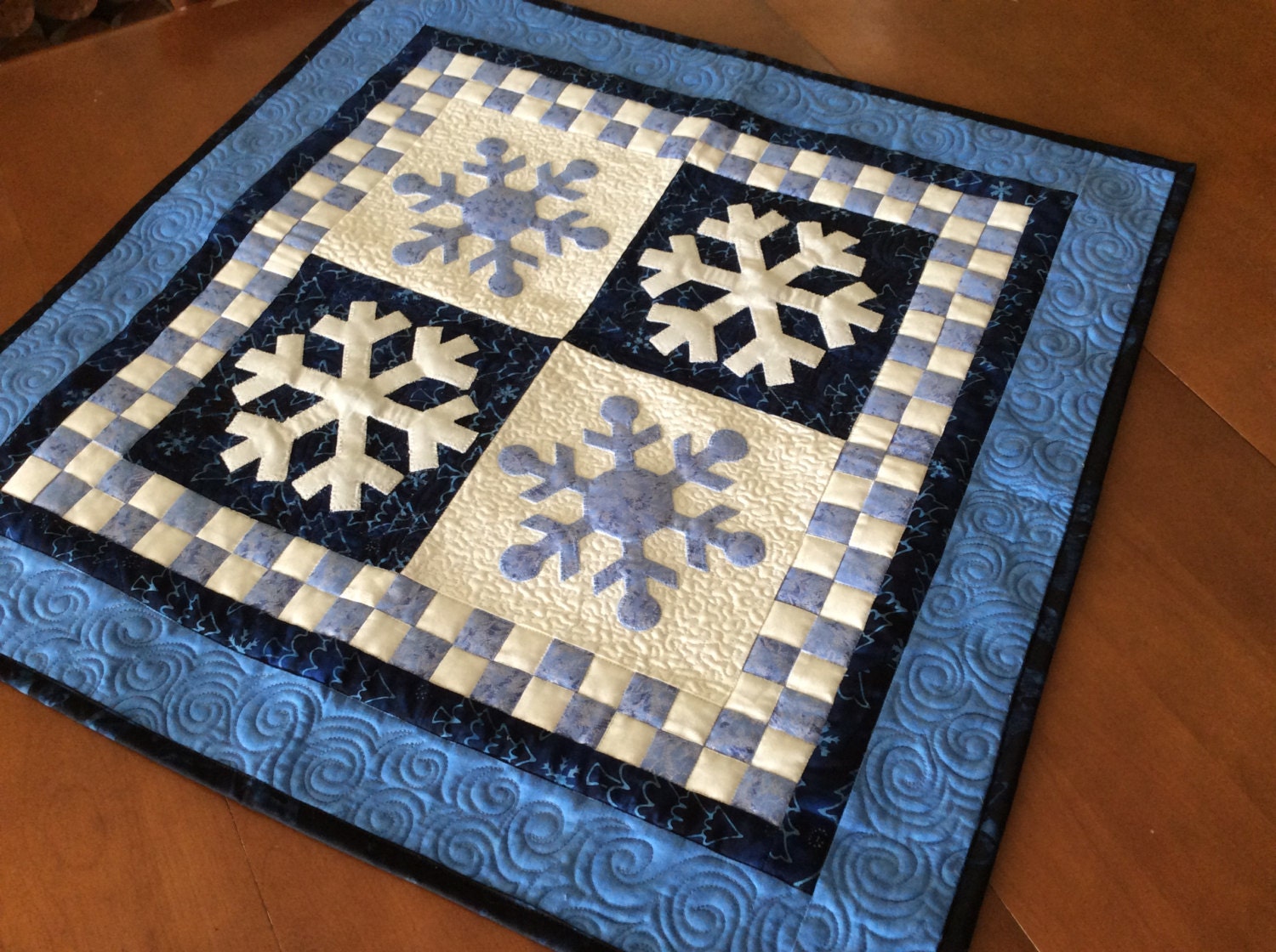 Snowflake table runner quilted winter table topper blue and