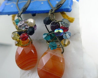Orange Agate Teardrop Earrings with Swarovski Crystals