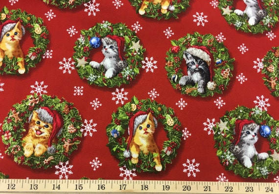 Christmas Cat Fabric Feline Kitty Cat Kitten Xmas Wreath