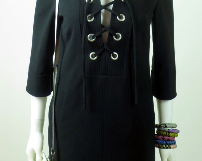 90s Yves Saint Laurent inspired designer metal grommet lace up safari sexy stretch wool dress