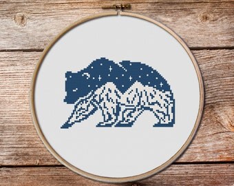 Bear Cross Stitch Pattern, Bear, keeper of the night cross stitch pattern, modern cross stitch, mountains cross stitch, gift for rangers