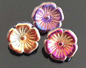 Metallic Purple Czech Glass Buttons, Small Flower Buttons, Glass Shank Buttons, Purple Flower Buttons, 12mm - 10 buttons (BT-16)
