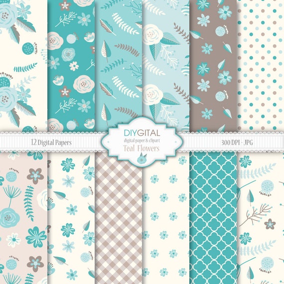 Floral Digital Paper TEAL FLOWERS Romantic Flowers Blue And Choco Background Turquoise Vintage Garden From DIYgital On Floral Digital Paper TEAL FLOWERS Romantic Flowers Blue And Choco Background Turquoise Vintage Garden From DIYgital On