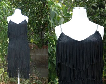 1920s Inspired Black Fringe Flapper Dress // 20s Style Gatsby Party Dress Flapper Costume // David Howard Climax Karen Okada