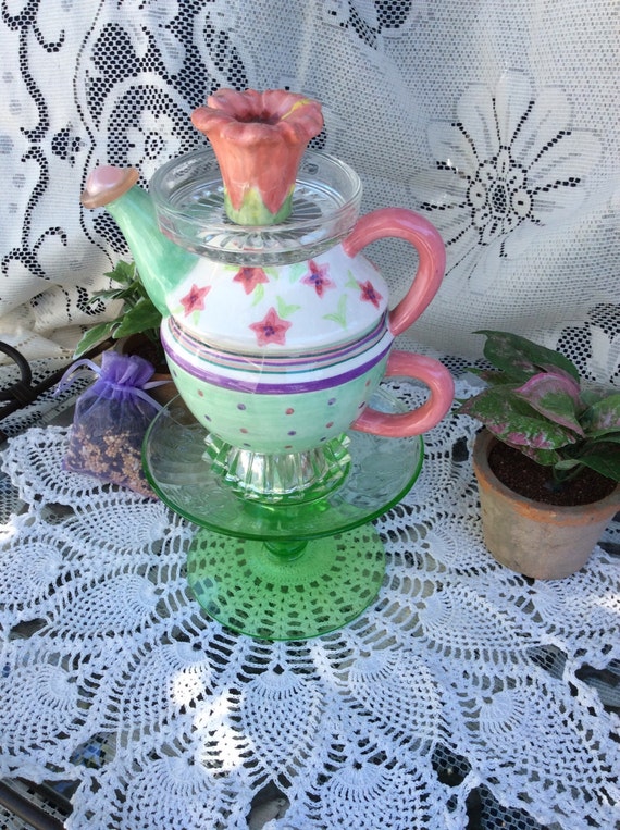 Garden totem teapot bird feeder bird bath stand by DebsDishDesigns