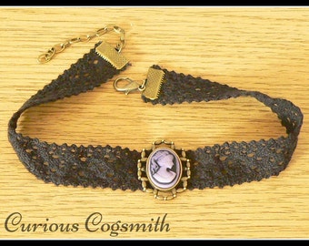 Purple Cameo Choker - Purple Cameo Necklace - Steampunk Choker - Steampunk Necklace - Victorian Choker - Victorian Necklace