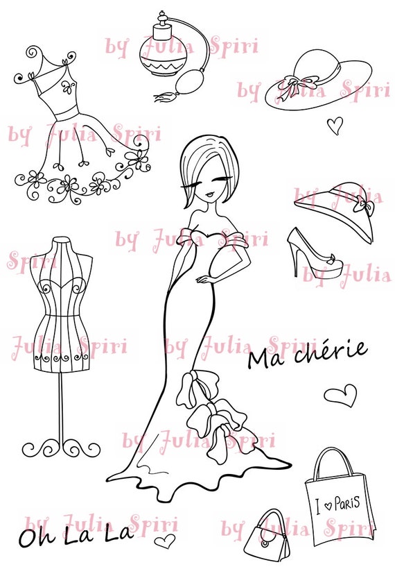 Digital Stamp + bonus elements for cut,  Paris stamps, Parisian girl, Fashion stamps, Dress. The Paris Collection. Fashion in Paris.